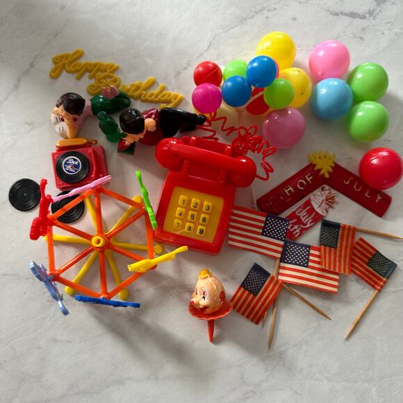 Vintage mixed lot plastic cake toppers balloons clown telephone July 4th picks - Picture 2 of 6